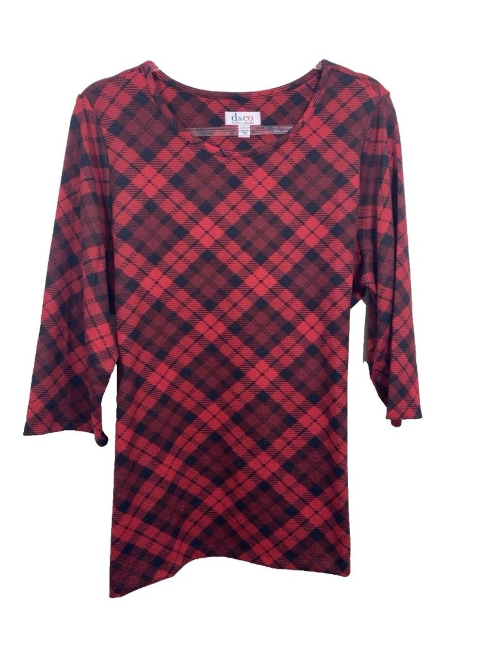 Denim & Co Size 1X Black And Red Plaid Stretch Tunic Top 3/4 Sleeves NEW